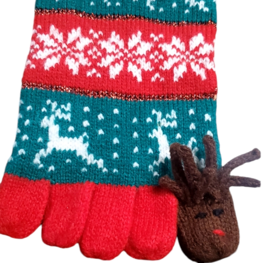 Christmas Toe Socks Reindeer & Snowflake Red & Green w/Reindeer Big Toe